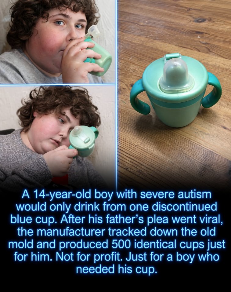 Rainmaker1973's tweet photo. One blue cup was the only thing standing between a boy and dehydration, and the internet helped locate a solution. 

Ben Carter, a teenager with severe autism from England, would drink only from one specific blue training cup he had used since childhood. When the cup was discontinued and his last one began falling apart, his father issued a desperate online appeal. 

For Ben, it was not simply a favorite cup, since even tiny changes in shape, color, or texture could make him refuse to drink, and his attachment was so strong that he had previously been hospitalized with dehydration after rejecting other cups. 

The story then went viral. The manufacturer tracked down the original mold, restarted production, and made 500 identical cups just for Ben, giving him what was essentially a lifetime supply. One blue cup, one worried father, more than a decade after the model was discontinued, and 500 replacements made for one boy. 

Sometimes the smallest things can mean everything.