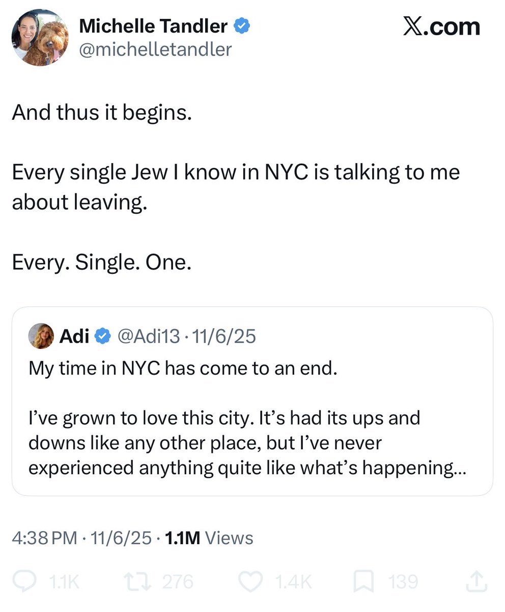 devahaz's tweet photo. Approaching a year since Mamdani was elected. Someone who isn’t blocked should get an update from Michelle on whether Every. Single. One. ended up leaving NYC. https://t.co/DKbvJxSlyG