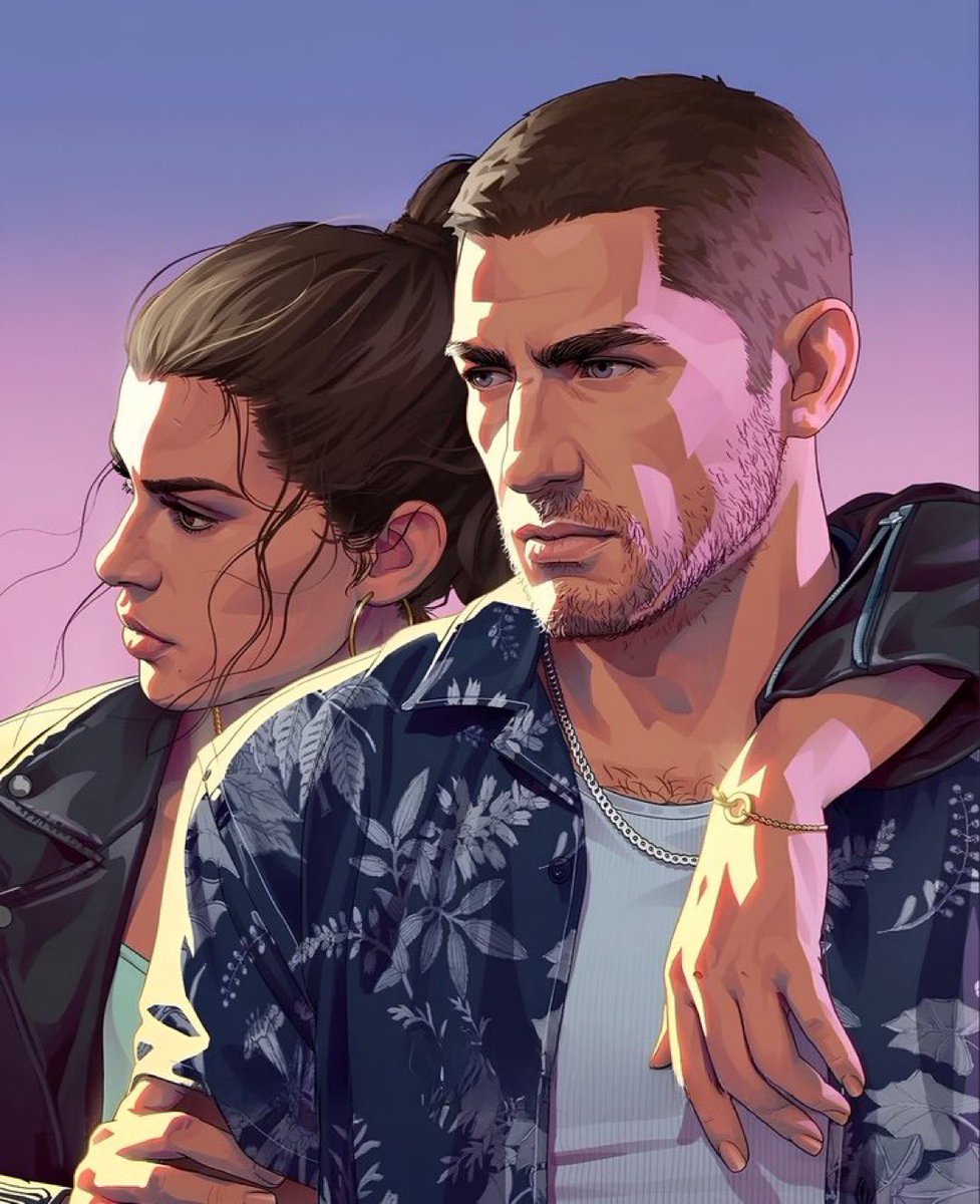 GTA_VI06's tweet photo. The couple that owns Vice City.💜🌴

#GTAVI #ViceCity #RockstarGames #lovemagazine https://t.co/hj14Ji1nLR