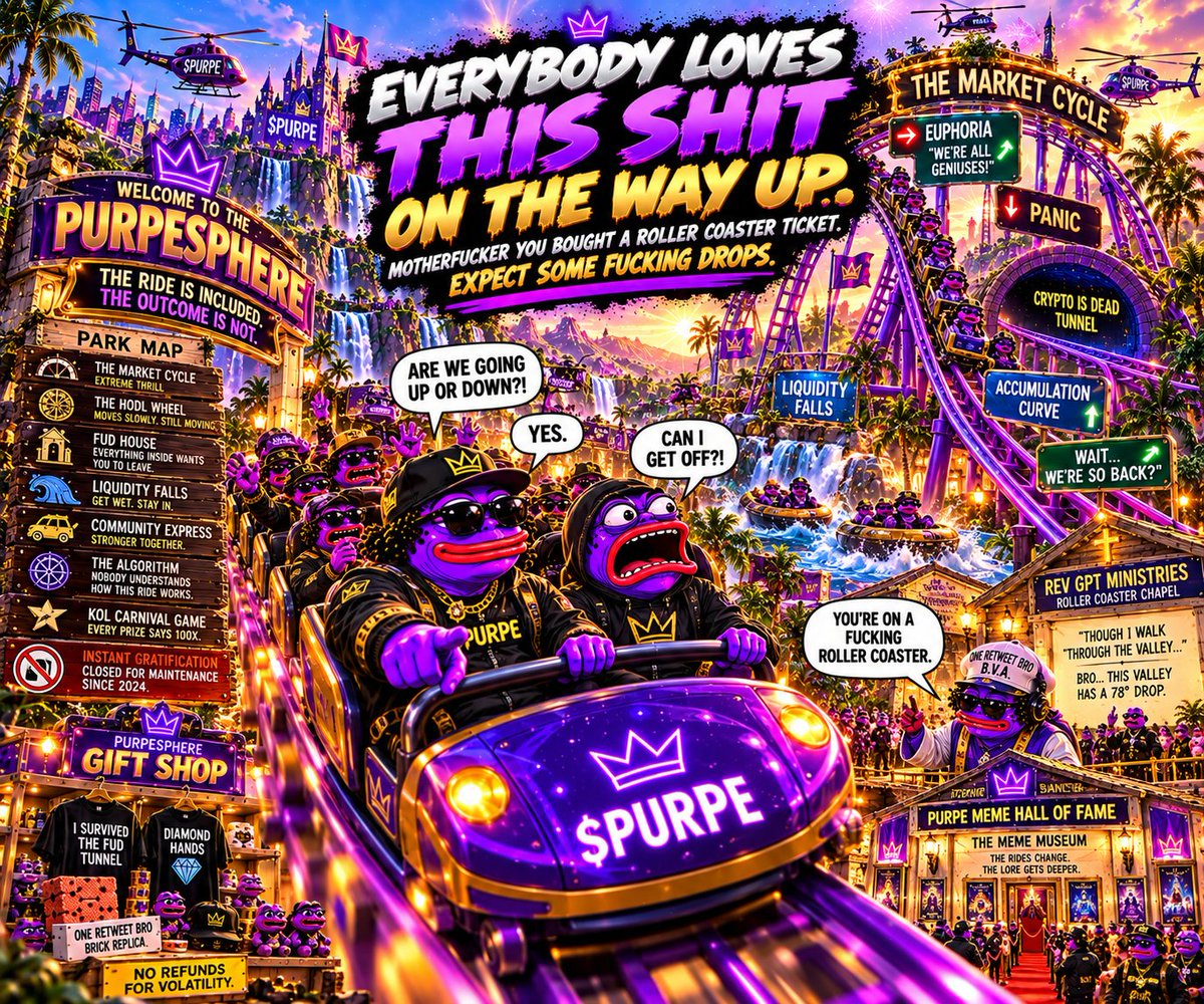 Purpe_Ell's tweet photo. EVERYBODY LOVES THIS SHIT ON THE WAY UP. 🎢

First drop:

“CAN I GET OFF?!”

MOTHERFUCKER YOU BOUGHT A ROLLER COASTER TICKET. 😭😭😭

EXPECT SOME FUCKING DROPS.

$PURPE 💜🐸
@purplepepes0l 💜🐸🚀 https://t.co/aC757Mnfad