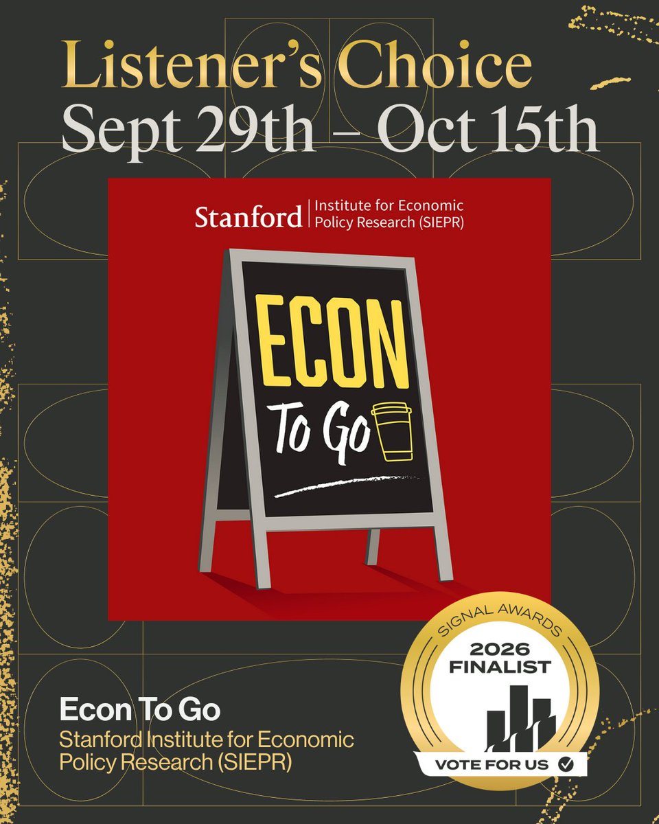 SIEPR's tweet photo. 🙌 🧵Excited to share that Econ To Go is a finalist for a 2026 Signal Award for best education podcast! Now we need you to help us win by casting your vote before polling closes Thursday, Oct. 15! https://t.co/qX7cpkmtd7 https://t.co/rPMune6Ijy