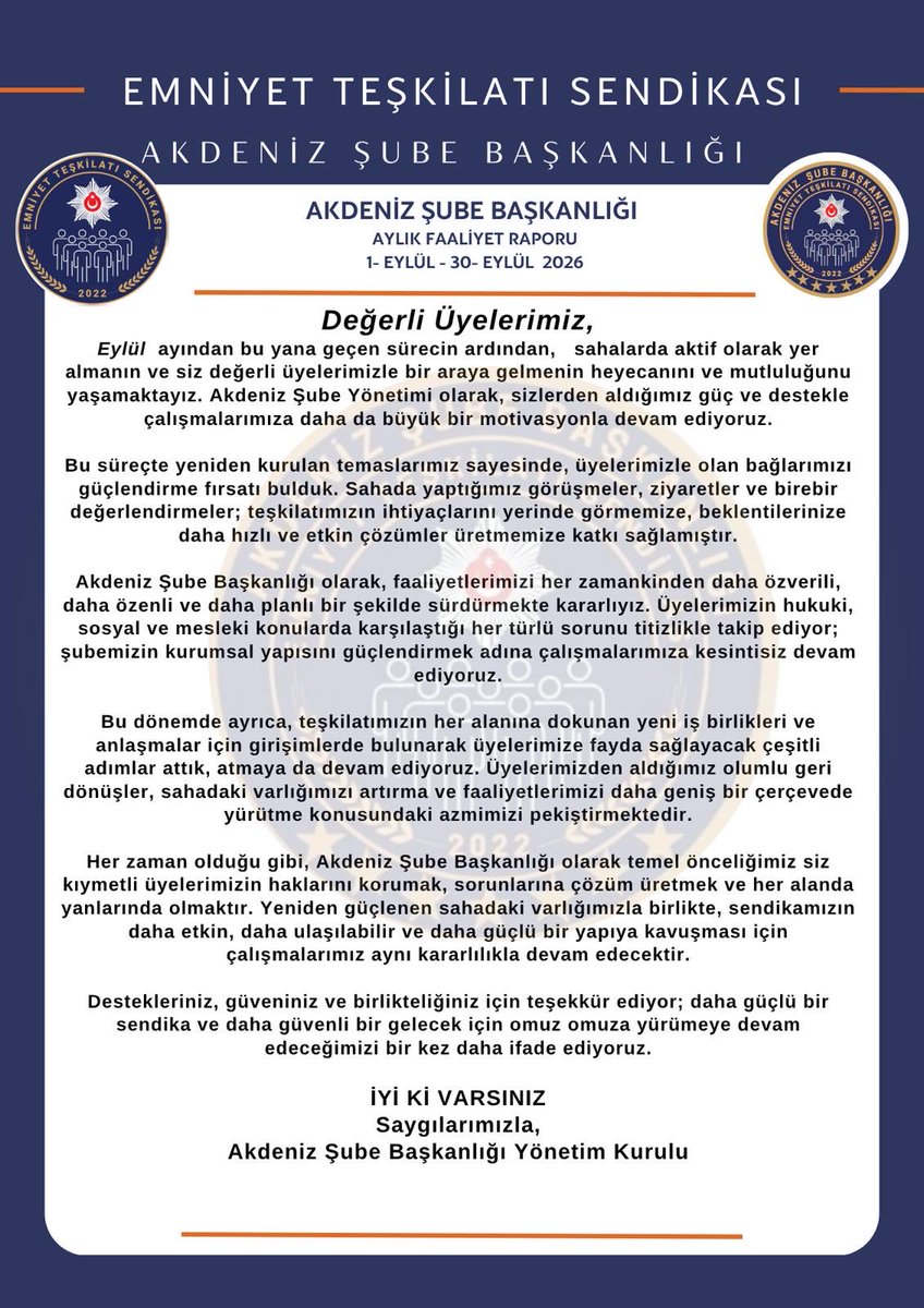 etsAkdenizSube's tweet photo. Emniyet Teşkilatı Sendikası Akdeniz Şube Başkanlığı olarak, yürütmekte olduğumuz sendikal çalışmaların şeffaflık ve kurumsal bilinirlilik ilkesi doğrultusunda hazırlanan aylık faaliyet raporumuzu kamuoyuna arz ediyoruz.
@ismailokumus06 
@EmniyetTS
@Tanr_Ylmaz https://t.co/98nIjRrArU
