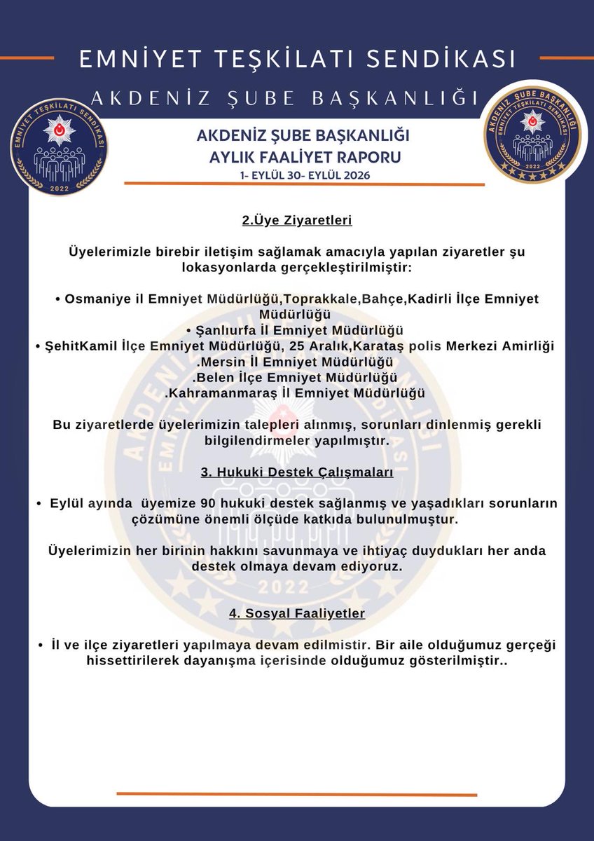 etsAkdenizSube's tweet photo. Emniyet Teşkilatı Sendikası Akdeniz Şube Başkanlığı olarak, yürütmekte olduğumuz sendikal çalışmaların şeffaflık ve kurumsal bilinirlilik ilkesi doğrultusunda hazırlanan aylık faaliyet raporumuzu kamuoyuna arz ediyoruz.
@ismailokumus06 
@EmniyetTS
@Tanr_Ylmaz https://t.co/98nIjRrArU