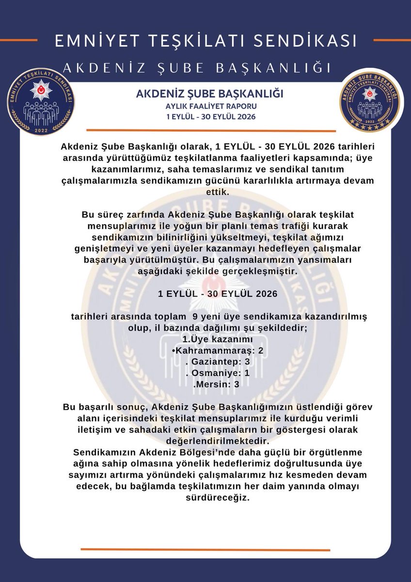 etsAkdenizSube's tweet photo. Emniyet Teşkilatı Sendikası Akdeniz Şube Başkanlığı olarak, yürütmekte olduğumuz sendikal çalışmaların şeffaflık ve kurumsal bilinirlilik ilkesi doğrultusunda hazırlanan aylık faaliyet raporumuzu kamuoyuna arz ediyoruz.
@ismailokumus06 
@EmniyetTS
@Tanr_Ylmaz https://t.co/98nIjRrArU