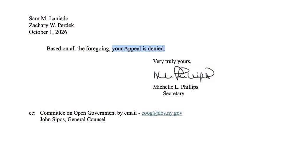 alex_fasulo's tweet photo. Something huge just happened in the ORES docket for Brusselville Solar, slated for Byron, New York.

My attorney and I pre-empted the incoming unlawful environmental redactions that cover up the ecological carnage that will be ensue at the complex (my genius attorney's idea) and filed a FOIL.

Since we (American Land Rescue Fund) are already suing over unlawful redactions misapplied by the Department of Public Service at Fort Edward Solar, ORES is on alert.

Well, the DPS issued a notice last night to the developer that their Appeal has been DENIED!

What does this mean?

The developer tried to use the Environmental Conservation Law (ECL) to justify redacting general information about environmental damage to occur. ORES turned around and, for the first time because of this FOIL, is telling the developer they can't do that.

Or, is ORES doing that because they are being actively sued over it?

Either way, the developer is not happy, and as noted in the letter, is confused since ORES has been, typically, agreeable to these kinds of redactions.

They are flustered at ORES. Don't discount the power of FOILing for information that the public should have every right to view.

Keep the pressure on!