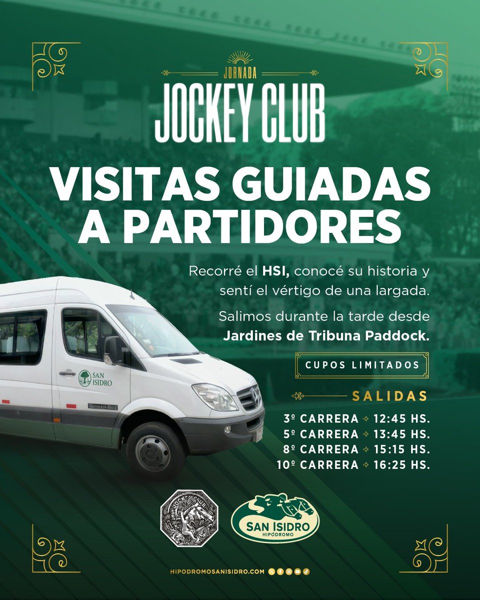 HipSanIsidro's tweet photo. ๐ #JornadaJockeyClub
๐๐ป Venรญ al #HSI y realizรก alguna de las #VisitasAPartidores, con guรญas de la @munisanisidro, quienes te contarรกn la historia del escenario, en una recorrida que finalizarรก presenciando una largada.
๐ด Sentรญ la adrenalina de una carrera de caballosโผ๏ธ https://t.co/lt6JjjmMTn