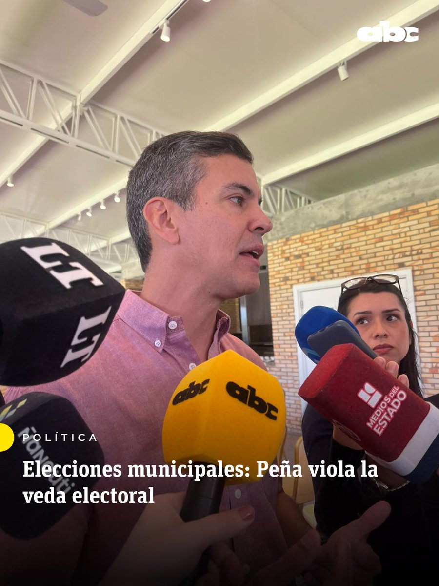 ABCDigital's tweet photo. 🔴 Elecciones municipales: Peña viola la veda electoral

🗳️ A pesar de que desde las 23:59 del jueves rige la veda electoral, el presidente Santiago Peña utilizó un acto oficial en Mburuvicha Róga para expresar su respaldo al candidato de la ANR a la Intendencia de Asunción.

📌 Durante el homenaje a la delegación del Team Paraguay que compitió en los Juegos Suramericanos Santa Fe 2026, Peña destacó la candidatura de Camilo Pérez y luego afirmó ante la prensa: “Después de la gran victoria de Camilo que vamos a tener el domingo, yo creo que esa va a ser la siguiente noticia”.

📲 Leé más en https://t.co/BPMhKBqr6E