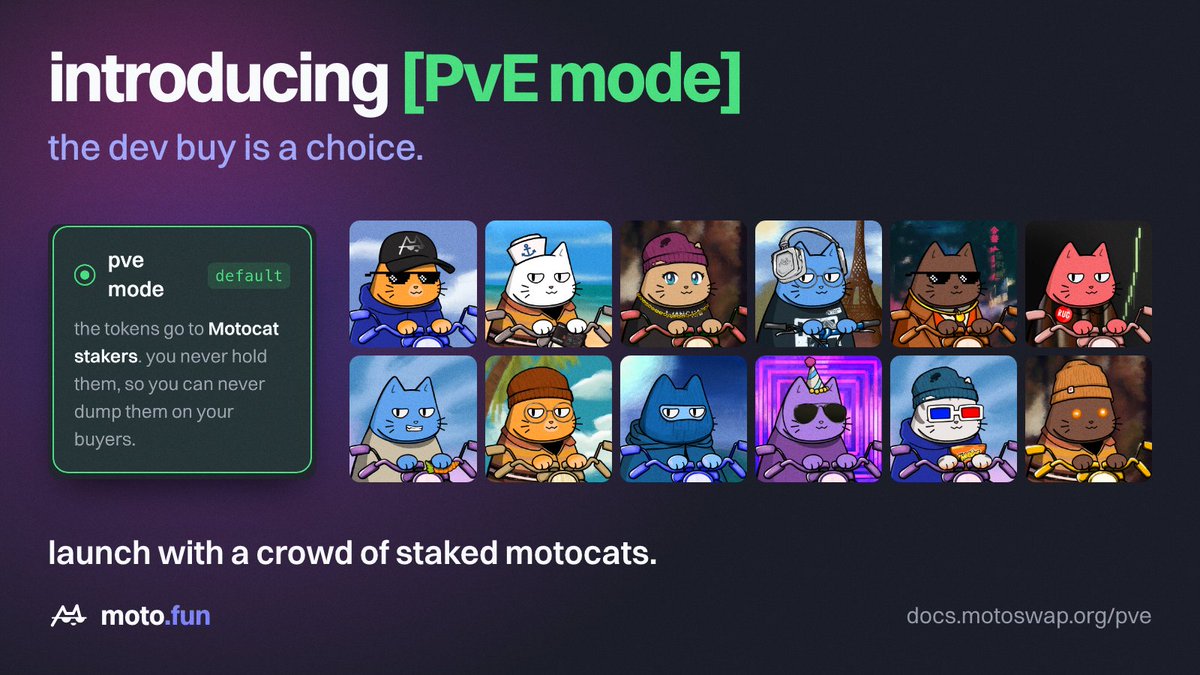 motodotfun's tweet photo. introducing PvE mode

the dev buy goes to the staked @MotocatRC, you launch with a crowd

the early supply that usually sits in the dev wallet gets split across every staked motocat at graduation https://t.co/RJWascYbXz