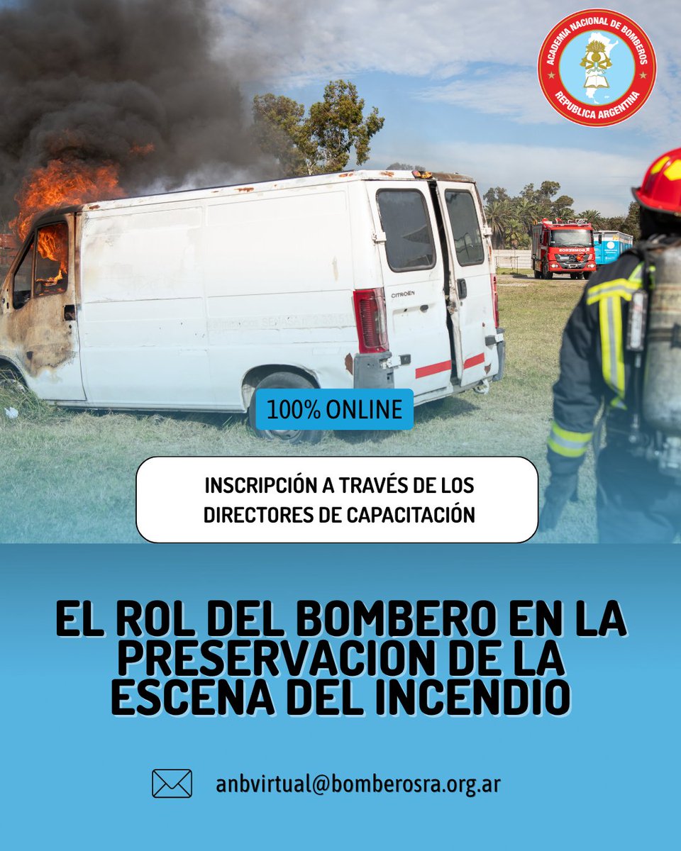 bomberosRA's tweet photo. 🔥 ¡Nueva oportunidad de capacitación!

La Academia Nacional de Bomberos relanza el curso virtual “El rol del bombero en la preservación de la escena del incendio”.

📅 Del 19/10 al 06/11 📝 Inscripciones a través de los Directores de Capacitación👉 https://t.co/QeXI9hKxiB https://t.co/tc8jQkWFkz
