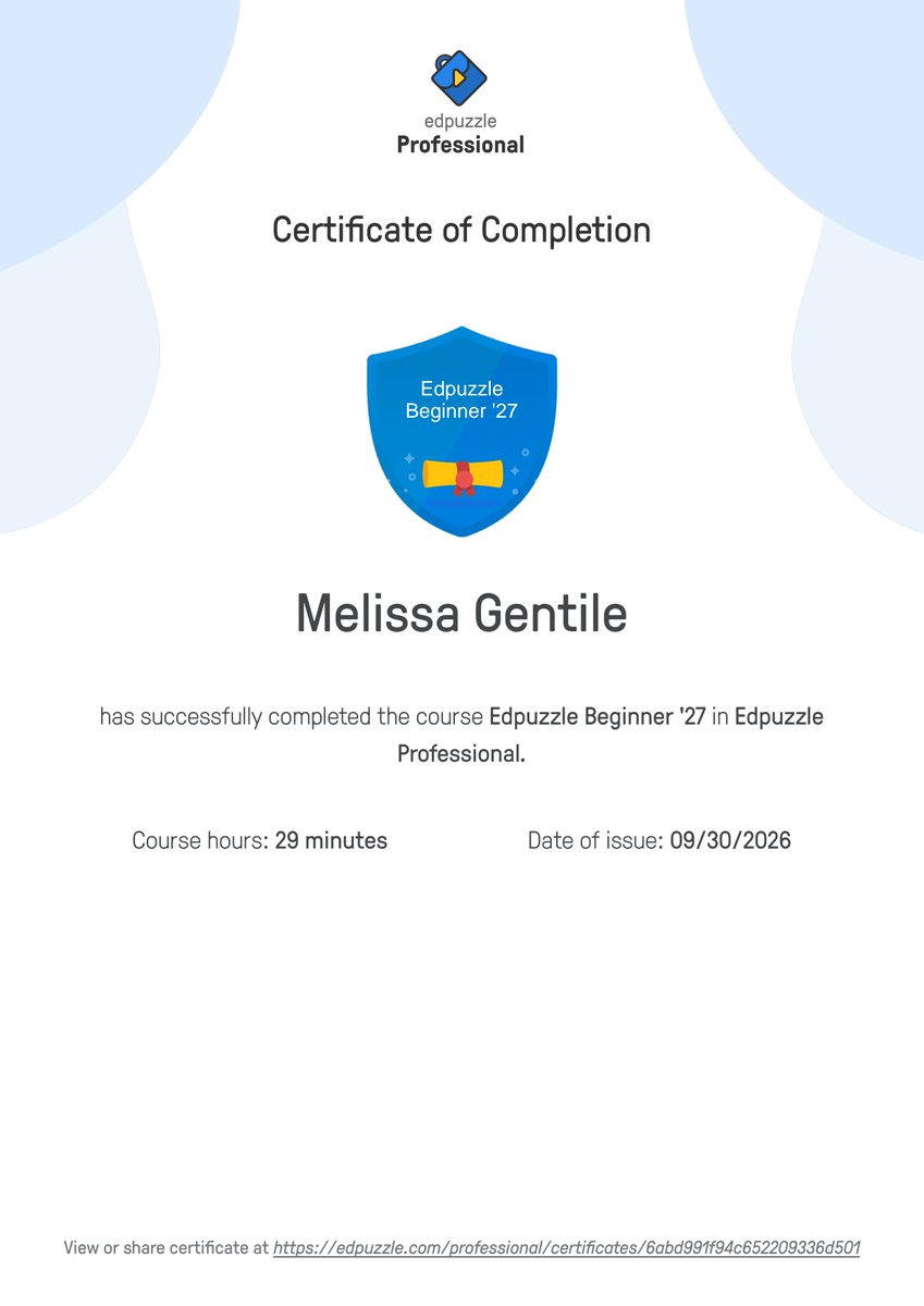 MelClassNotes's tweet photo. Just finished my Edpuzzle certificates 🎉.
So excited to use Edpuzzle in my future classrooms to make learning easier and more student pace, so that my future students can learn at their own pace. 
@manningtechtalk @edpuzzle
#EDTeah #Teachers https://t.co/CKZvum8y8U