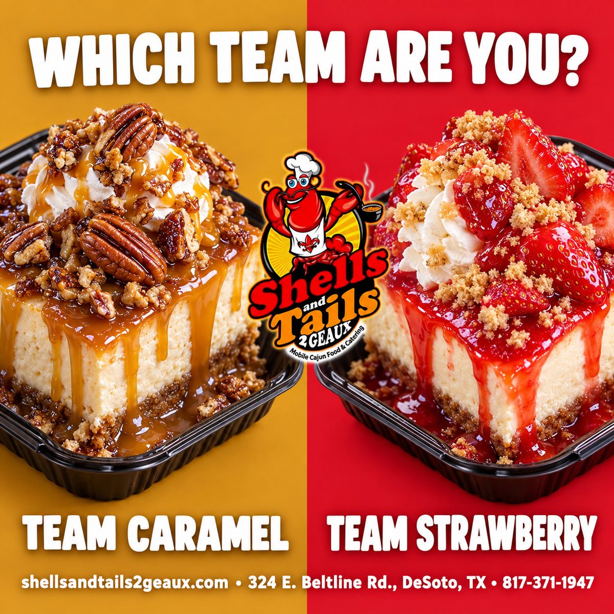 ShellsNTails2Go's tweet photo. Which team are you? 🍰🤔✨
Drop your vote in the comments below! 👇

💬Order online for pickup or get it delivered straight to your door via DoorDash, Uber Eats, or Grubhub! 🚗💨

📍 324 E. Beltline Rd., DeSoto, TX
📞 817-371-1947
🌐 https://t.co/dekY8vB9IV https://t.co/SEEZ6a7r77