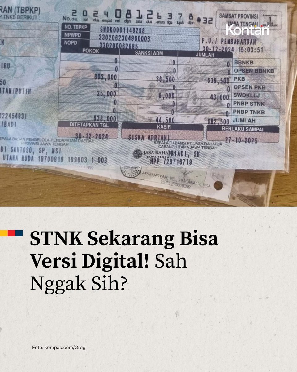 KontanNews's tweet photo. STNK sekarang bisa tampil secara digital di HP. 📱🚗  

Korlantas Polri menyediakan fitur STNK Digital melalui aplikasi Digital Korlantas Polri.  

Untuk aktivasi, siapkan: 
• STNK fisik • NRKB/nomor pelat 
• 5 digit terakhir nomor rangka 
• NIK yang sesuai dengan data STNK https://t.co/UdOKjgmbDG