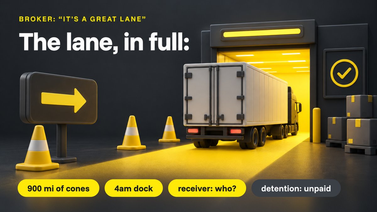Qrylo_Official's tweet photo. Broker: “It’s a great lane.”

The lane:  900 miles of construction, a 4am dock appointment, and a receiver who’s never heard of you. https://t.co/rBBg5bYuzG