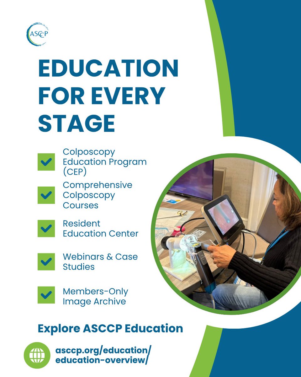 ASCCP's tweet photo. 🩺 Education for every stage of your career!
From the CEP and Comprehensive Colposcopy Courses to Resident Education, webinars &amp; case studies, ASCCP offers resources to build knowledge and clinical confidence.
🔗 https://t.co/Bs7tVtchkF
#ASCCP #CervicalCancerPrevention https://t.co/brWFORYbqE