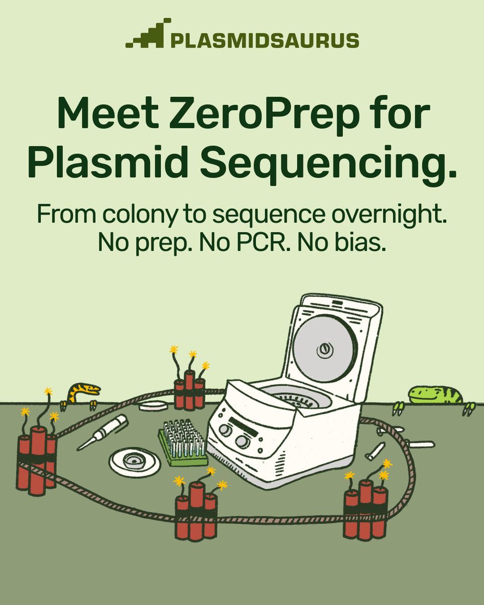 plasmidsaurus's tweet photo. Since 2021, you've sent us your plasmids and woken up to the full sequence. Now we're taking the miniprep off your plate too.

With ZeroPrep colony sequencing, you send us a colony, plate, or overnight culture and get whole plasmid sequences back overnight or even the same day. No miniprep. No PCR. No bias.

With ZeroPrep, you can:
✅ Focus on your hits and stop prepping clones you'll throw away
✅ Get to the results you want up to a day faster
✅ Trust your data with high-quality, amplification-free performance

Which clone are you sequencing first? 🤔

Send in samples today: https://t.co/uq4GBMUNlJ