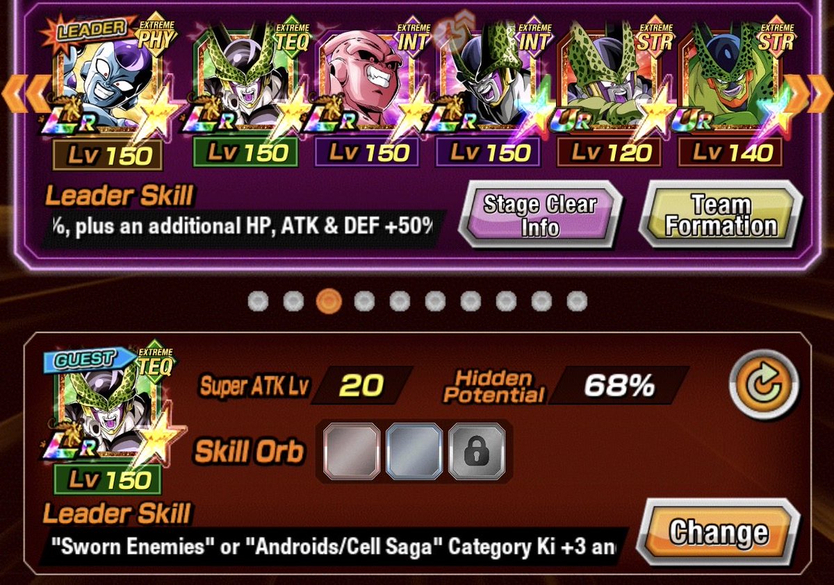 wzrdcat1's tweet photo. @FutureDokkan my sworn enemies team thats been takin belt to ass to every event. i no itemed the new str kid buu with this team. when cell loses his limited time buff, i will be switching him out for something like jeice+burter for sure. https://t.co/pk2rp99H0f