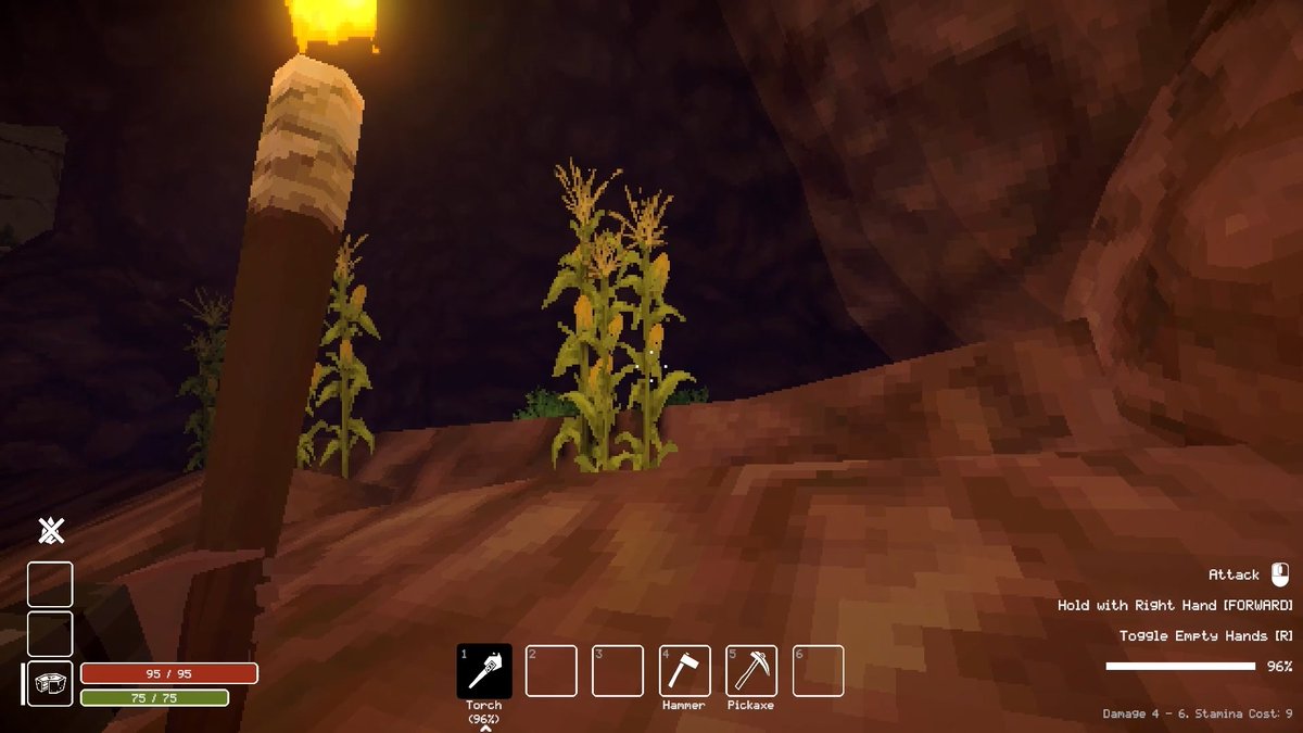 A first-person view in a blocky, pixelated video game shows a lit torch illuminating corn stalks growing on a dirt slope, with an inventory bar displaying a Torch, Hammer, and Pickaxe.