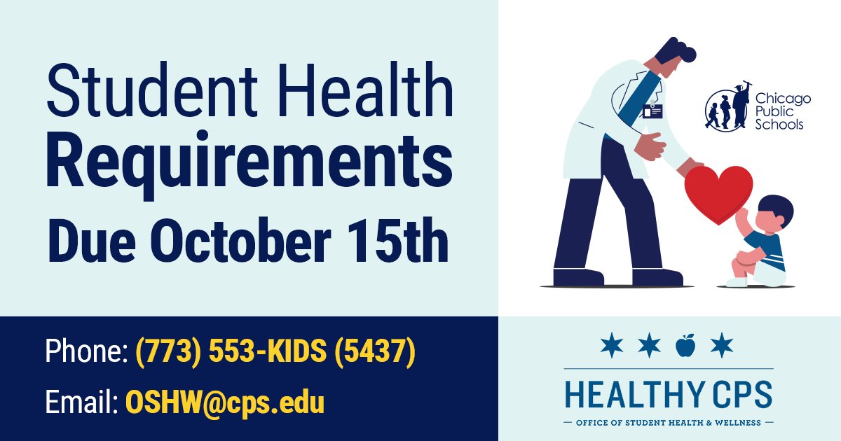 ChiPubSchools's tweet photo. Make sure your students are up-to-date on their health requirements that are due by October 15th. Call the Healthy CPS Hotline at (773) 553-KIDS (5437) or visit https://t.co/3nrvuVbTur to learn more.
__
Asegúrese de que sus estudiantes estén saludables y al día con sus requisitos de salud antes del 15 de octubre. Llame a la línea directa Healthy CPS al (773)553-KIDS (5437) o visite https://t.co/3nrvuVbTur para aprender más.