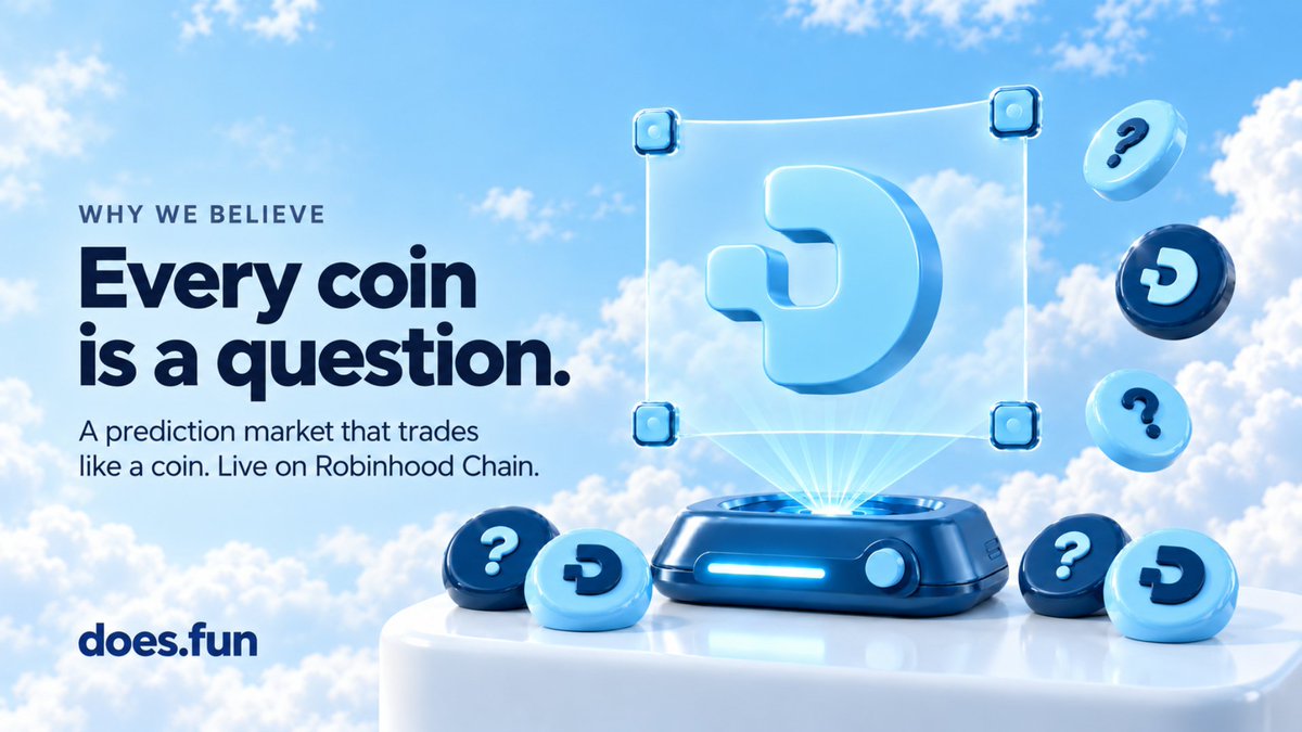 doesdotfun's tweet photo. Why we believe in our product, from the team building it.

Prediction markets are one of the few things in crypto people use to say something real about the world. But the classic model asks a lot of its users:

Someone has to list the market.
Someone has to take the other side.
Someone has to bring liquidity before anyone can trade.
And when it's over, you have to come back and claim.

We kept asking ourselves: what if a prediction market worked like the thing people on-chain already love doing? Trading coins.

So that's what we built. On https://t.co/TK0tpYjLDx, every coin is a question.

Here's why we think this model can become the way Robinhood Chain does prediction markets:

1. Anyone can ask.
Markets aren't limited to what a team decides to list. Any argument can become a coin in one transaction: prices, stocks, market caps, real-world events.

2. It trades from the first block.
No order book to fill, no market makers to recruit. Every coin opens in its own Uniswap v4 pool, with liquidity locked forever.

3. Attention becomes the prize.
2% of every trade goes into the question's pot. The more people argue about a question, the bigger the pot gets. Nobody has to lose for holders to get paid.

4. Being wrong isn't the end.
If it doesn't happen, you still hold a coin you can sell. Coins keep trading after their question resolves.

5. Conviction pays.
Payouts are time-weighted over the 7 days before the event. Someone who held all week counts for far more than someone who bought at the last second.

6. It fits Robinhood Chain.
Stock and crypto questions settle on Chainlink. Real-world questions go through our AI judge, with a public 24-hour dispute window. Prices show in dollars first, and you can sign in with an email or a wallet.

7. Everything feeds $DOES.
1% of every trade on every coin buys and burns $DOES. Every question that doesn't happen burns its whole pot too.

We don't think we've built the final form of prediction markets. We think we've built one that feels native to how people already trade on-chain, and that's what makes things spread.

It's day one. We ship every day, and we want to hear what you'd ask, what's missing and what should come next.