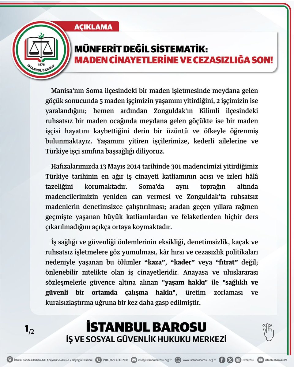 istbarocalisma's tweet photo. MÜNFERİT DEĞİL SİSTEMATİK:
MADEN CİNAYETLERİNE VE CEZASIZLIĞA SON!

Soma'da ve Zonguldak'ta yaşanan iş cinayetlerinde 6 maden işçisi yaşamını yitirdi. https://t.co/WBIl213H3T