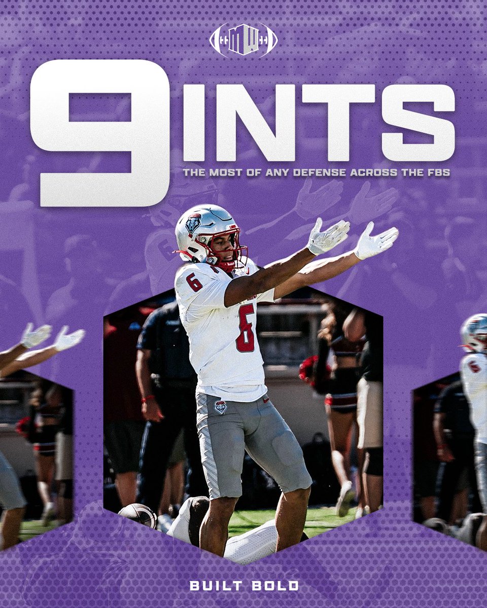 MountainWest's tweet photo. 𝗧𝗛𝗥𝗢𝗪 𝗔𝗧 𝗬𝗢𝗨𝗥 𝗢𝗪𝗡 𝗥𝗜𝗦𝗞 😤🐺 

@UNMLoboFB defense has recorded nine interceptions this season, the most by any FBS team in 2026!

#BuiltBold | #GoLobos | #RealOnes26 https://t.co/9g91t4CJlx