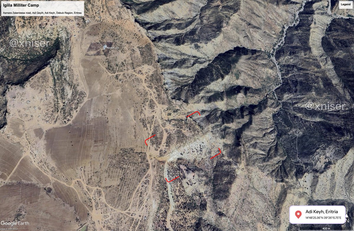 xniser's tweet photo. 1/3 POSSIBLE ACTIVITY ‼️: Low-resolution satellite imagery shows spatial changes over the past two days at an active Eritrean military camp near Adi Keyh along the Asmara–Zalambessa road. While non-conclusive, these anomalies suggest potential shifts in staging.  
 
#Eritrea https://t.co/mOrT9wShCX