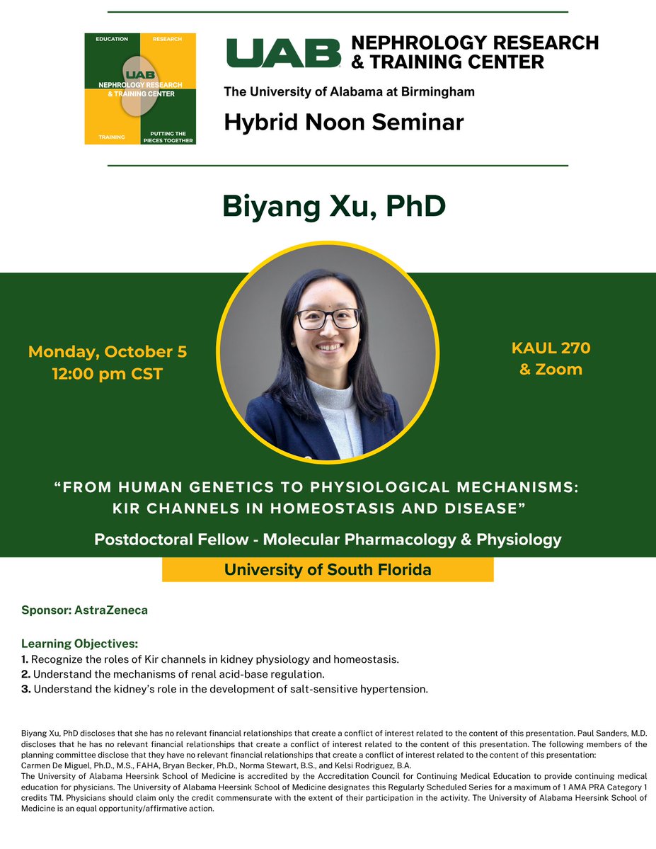 UAB_NRTC's tweet photo. Seminar - 10/05/26, KAUL 270 &amp; ZOOM - presented by Dr. Biyang Xu, Postdoctoral Fellow - Molecular Pharmacology &amp; Physiology, University of South Florida: “From Human Genetics to Physiological Mechanisms: Kir Channels in Homeostasis and Disease"
@BeckerPhD
@Carmendemigue12 https://t.co/P7TiO0iUXt