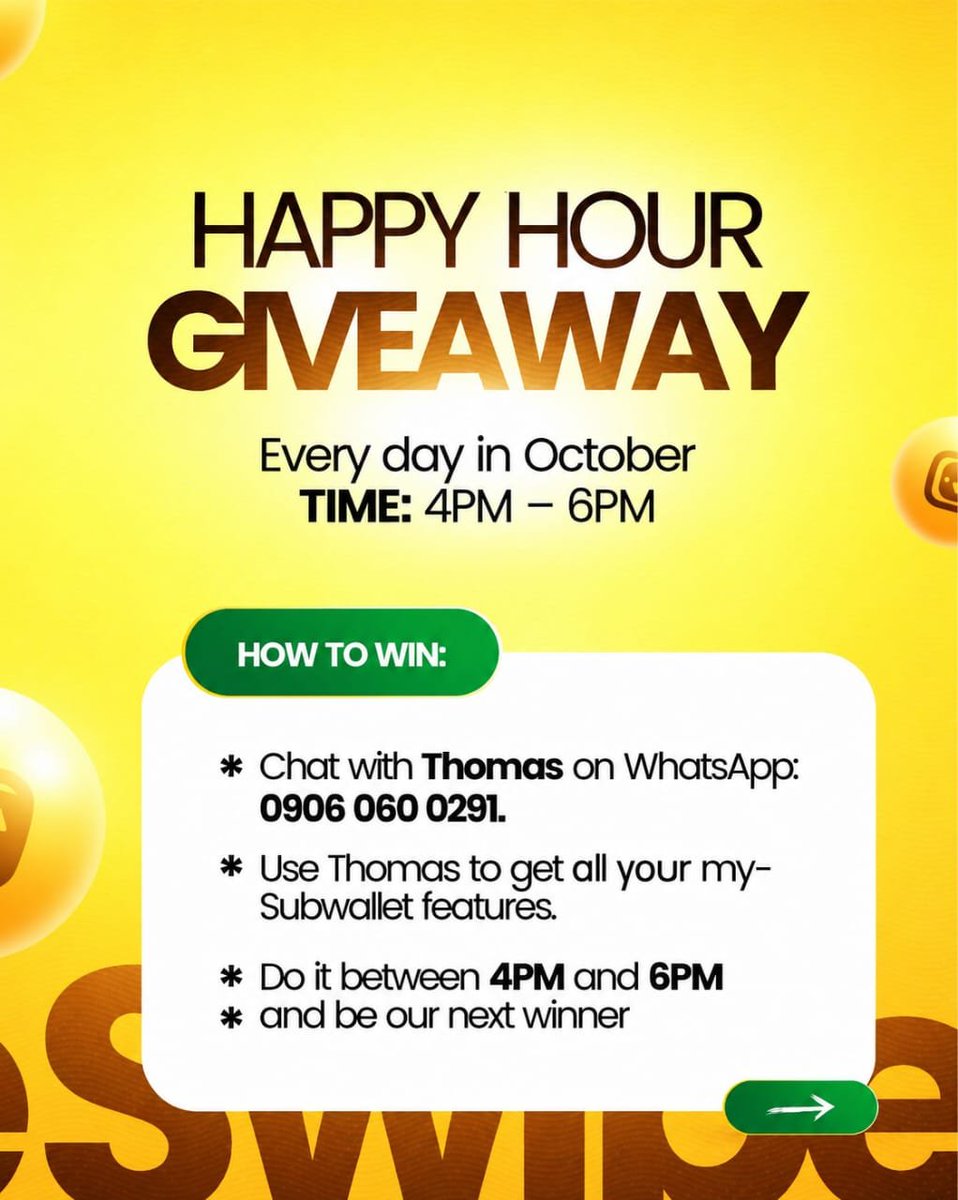 MySubwallet_ng's tweet photo. Happy Hour is ON! 

It's 4PM, and the Happy Hour Giveaway has started! 

Chat with Thomas on WhatsApp and use him to get your mySubwallet features.
You have until 6PM to be our next winner!
#StayConnected #TrustedApp #SayHiToThomas #mysubwallet https://t.co/Ycn6aF87Ln