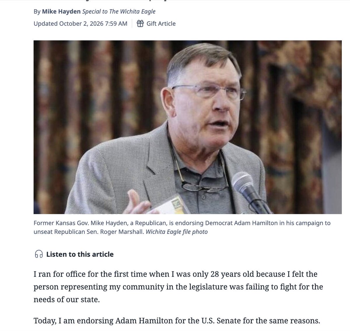 Taniel's tweet photo. Kansas has 4 former, living GOP governors.

Two have now endorsed Adam Hamilton, the Dem, for Senate.

Mike Hayden just penned this oped in the Kansas City Star this morning, following Adam Graves doing the same last month. https://t.co/gJCyhgMaxU