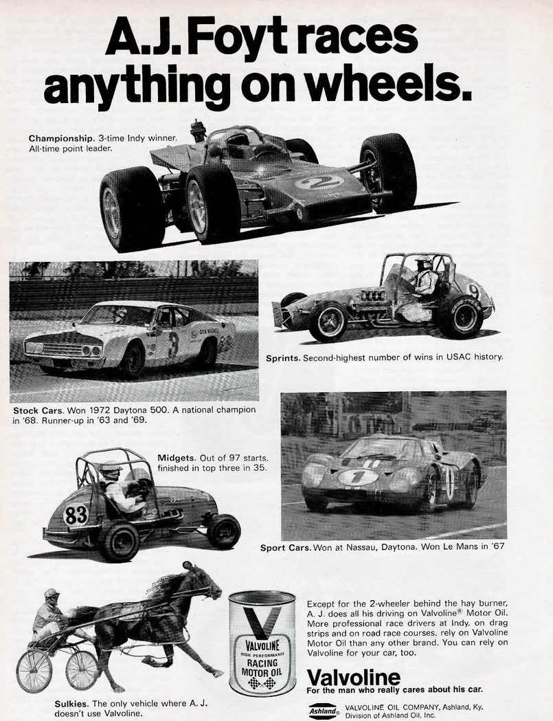 MorrisCoffman14's tweet photo. Foyt Friday - A 1972 Valvoline Oil ad highlighting how AJ raced almost anything with wheels.

Yes, he did compete in a sulky race at the Indiana State Fairgrounds &amp; won. 🏁

As correctly noted, no Valvoline needed for the sulky, unless it was wheel bearing grease. https://t.co/Jpd3Gj6U8q