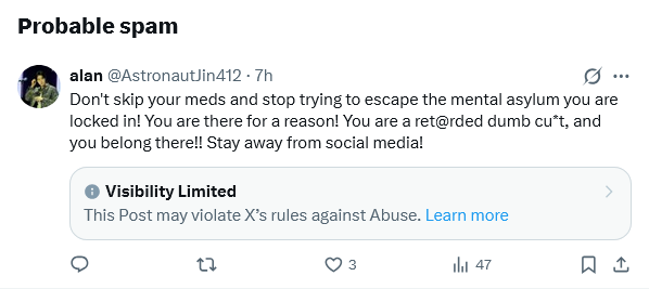 JadeCairo272260's tweet photo. @AstronautJin412 @winnttaebear Even X thinks you're absolute garbage. Poor thing tried to spare me this idiocy https://t.co/OwZIdWY5MW