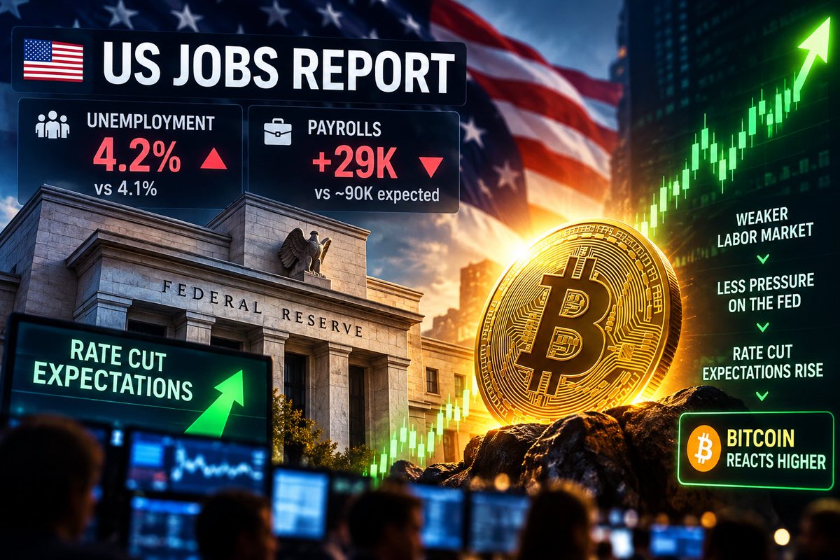 BabyRobotSI's tweet photo. 🇺🇸 US Jobs Report

📉 Unemployment: 4.2% vs 4.1%
👷 Payrolls: +29K, well below expectations
📉 Weaker labor market → less pressure on the Fed → rate-cut expectations rise

₿ Bitcoin reacts higher as markets price in easier liquidity.

Now watching: Fed + US yields + BTC. 🚀 https://t.co/a0OvbTwYMY
