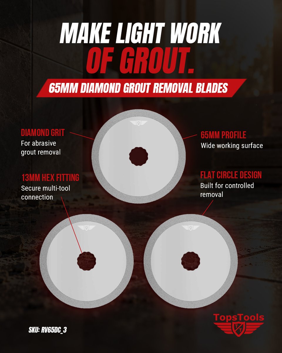 TopsTools's tweet photo. Make light work of grout. 🔴
TopsTools 65mm Diamond Grout Blades with a diamond grit cutting edge and 13mm HEX fitting for controlled grout removal.
3 PIECE • RV65DC_3
#TopsTools #GroutRemoval #MultiTool https://t.co/jaJs9GIvtI
