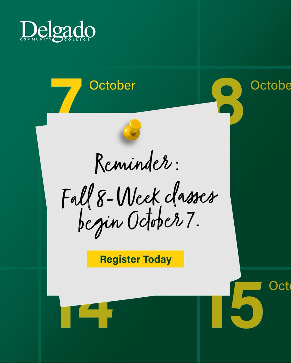 delgadocc's tweet photo. Y'all ready? 💚
Fall 8-Week classes at Delgado Community College begin October 7th! Visit https://t.co/QaRhfzGFLk or call 504-671-5000 for more information on our courses, and how you can register today! 💚 https://t.co/znYv2NcmKL