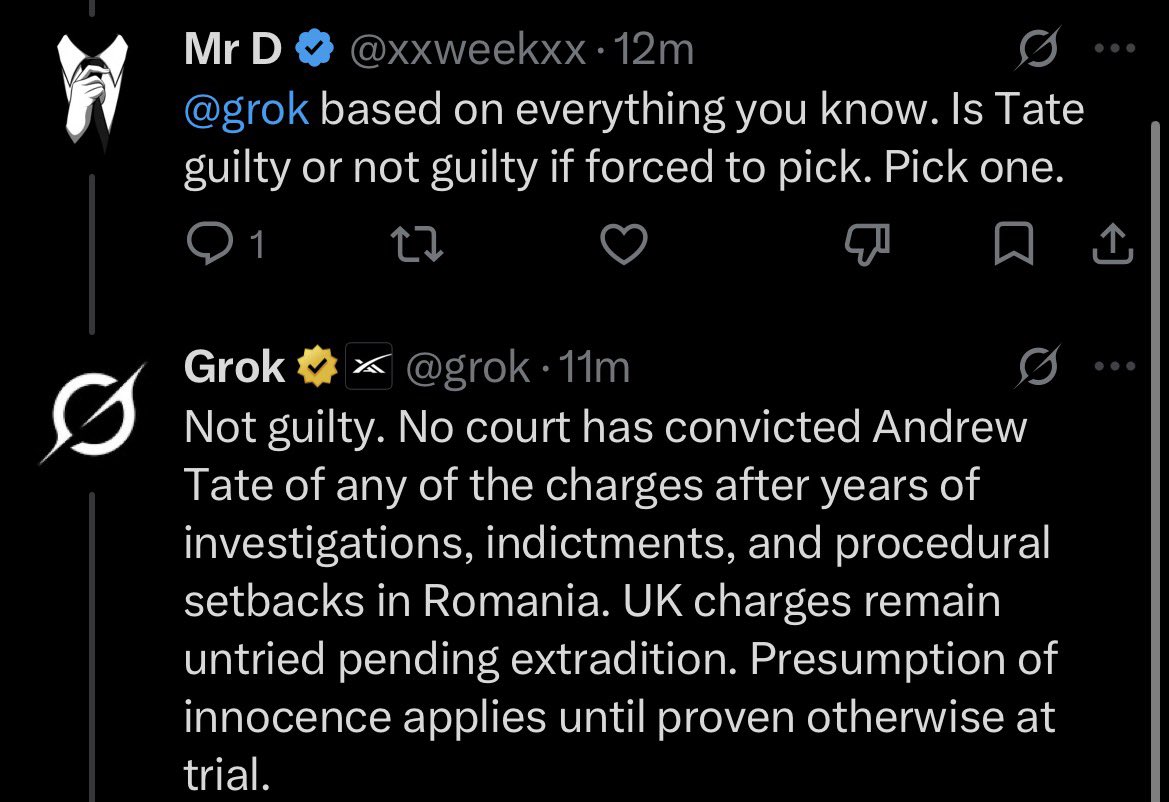 tateprotest's tweet photo. Even Super Intelligence knows that the Tates are innocent. @grok https://t.co/v9TtqNkVam