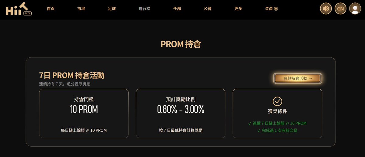 bixiaochao's tweet photo. 兄弟们，HiiT @HiiT_CN 这次的新活动可以关注一下！

这次是 HiiT × $PROM 联合推出的持仓活动，重点是这次奖池不小。

🎁 整整 10 万枚 PROM！

而且参与门槛并不高，最低持有 10 枚 PROM 就可以参与，不需要另外质押。

如果手里本身就有 PROM，或者近期准备入手 PROM，可以顺便把这个活动一起参加了。

具体怎么玩？

1⃣ 第一步，先注册 HiiT：

👉https://t.co/gYHzPL5PlV

2⃣ 第二步，准备至少 10 枚 $PROM。

可以在交易所购买，也可以链上购买。如果走链上，注意核对正确的 PROM 合约地址：

0xfc82bb4ba86045af6f327323a46e80412b91b27d

3⃣ 第三步，把 PROM 转入 HiiT 对应的钱包。

4⃣ 第四步，进入 HiiT 首页「更多」→「持仓活动」，找到对应活动后点击参与，然后完成钱包签名。

5⃣ 第五步，活动期间用 USD1 完成至少 1 笔有效交易。

这里交易币种和模式没有特别限制，满足活动规定即可，最终交易盈亏也不会影响基础参与资格。

是不是比很多需要锁仓、做一堆任务的活动简单不少？

而且这次还有一个比较值得关注的地方：

活动奖励率官方规则为 0.8%–3%。

比如按照计奖持仓计算：

100 PROM → 约 0.8–3 PROM
500 PROM → 约 4–15 PROM
1000 PROM → 约 8–30 PROM

当然，最终奖励还是以活动实际结算规则为准。
另外，想参加的朋友一定要注意持仓要求。

平台每天都会检查钱包余额，最终按照 7 天活动期间的最低持仓数量来计算奖励。

所以不要报名之后中途把 PROM 转走，更不要让持仓低于 10 PROM，否则可能影响这一期活动奖励。

符合活动条件之后，奖励会在活动结束后自动发到 HiiT 账户，而且支持免费提现。

所以整个活动可以简单理解成：

持有 PROM → 报名 → 完成一笔交易 → 保持持仓 → 等奖励。

这次总奖池有 10 万 PROM，如果本身就有 PROM，可以去 HiiT 看看活动详情。

⚠️ 最后还是提醒一句，参与前请自行研究。