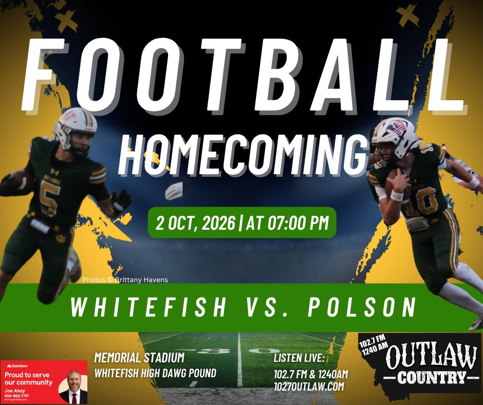 C_Havens22's tweet photo. GAMEDAY!
HOMECOMING
@WhitefishFB vs. Polson
Kick-off at 7pm.
Listen live on Outlaw Country
Gameday Graphic powered by Joe Akey State Farm Agent #Whitefish #WHS #Bulldogs #WhitefishBulldogs #OneTownOnePound #mtsports https://t.co/JShNBZuUj9