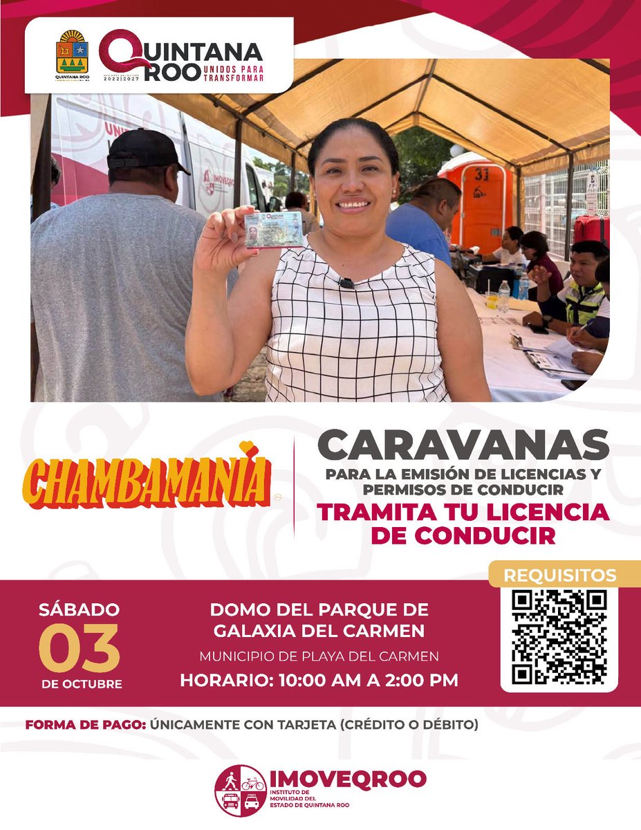 imoveqroo's tweet photo. 🚗💳 ¡Atención Playa del Carmen nuestra Caravana Móvil estará en #Chambamanía!

Este sábado 3 de octubre, aprovecha nuestra caravana para tramitar tu licencia o permiso de conducir. 

¡Acercamos nuestros servicios a ti!

📍 Domo del Parque de Galaxia del Carmen. https://t.co/L5SDhxO1bC