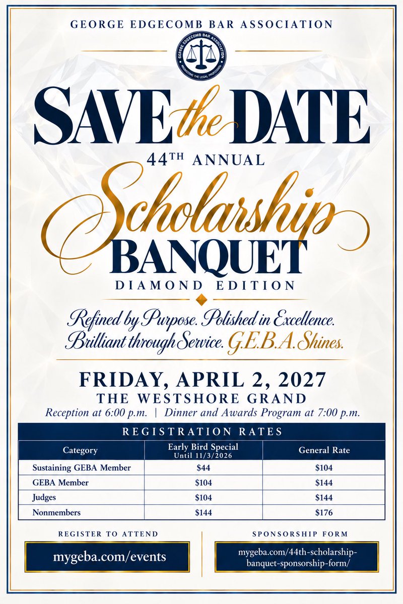 EdgecombBar's tweet photo. 💎💎 SAVE THE DATE 💎💎

We are exactly six months away from an evening celebrating the brilliance of 44 years of GEBA’s legacy and scholarship!

🚨 EARLY BIRD PRICING UNTIL 11/3!

Just $44 registration for Sustaining GEBA Members, in honor of our 44th Annual Scholarship Banquet. https://t.co/XuziKoHSts