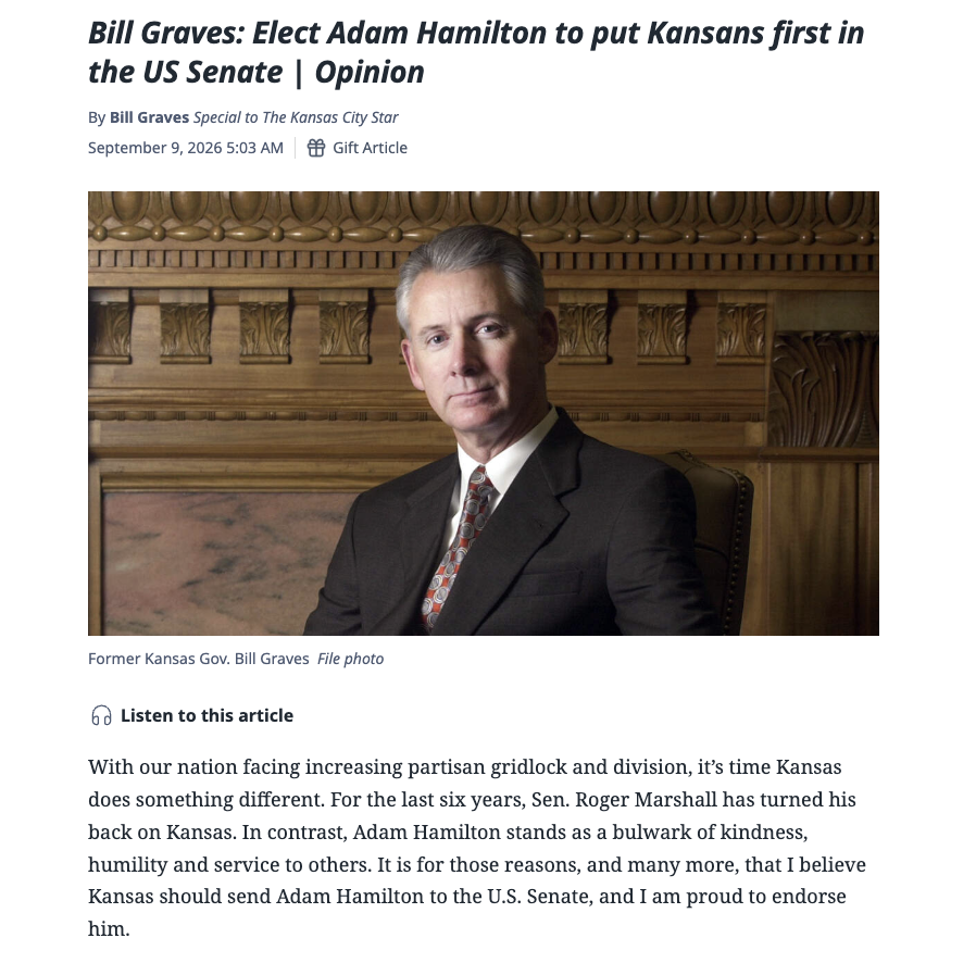 Taniel's tweet photo. Kansas has 4 former, living GOP governors.

Two have now endorsed Adam Hamilton, the Dem, for Senate.

Mike Hayden just penned this oped in the Kansas City Star this morning, following Adam Graves doing the same last month. https://t.co/gJCyhgMaxU