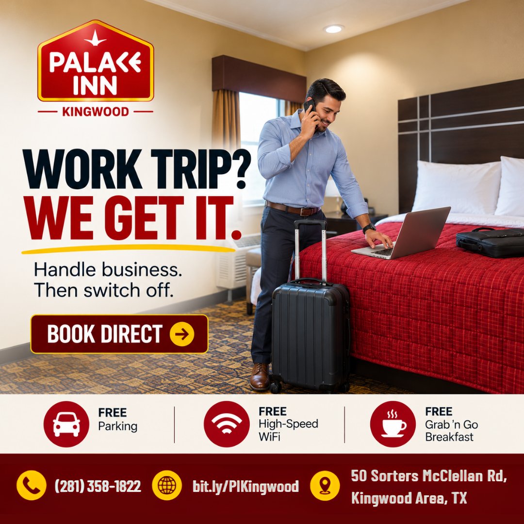 PalaceinnKTX's tweet photo. Business trip to Kingwood or Houston? 
Palace Inn Kingwood includes free high-speed WiFi, free parking and a Grab ’n Go breakfast for early starts. 
💼 Book direct: https://t.co/k04BF4kkq9

 #BusinessTravel https://t.co/RZBWAIcFon