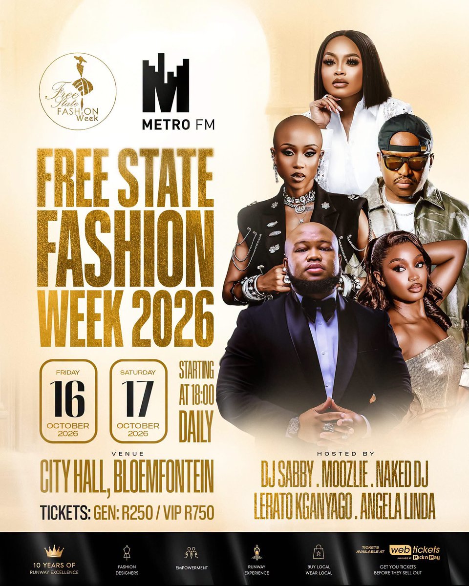 METROFMSA's tweet photo. FREE STATE FASHION WEEK 2026 

📅 Friday, 16 October 2026
📅 Saturday, 17 October 2026
🕕 18:00 till late
📍 Bloemfontein City Hall
🎟️ Tickets available on Webtickets -> https://t.co/fLt3W8GUnU https://t.co/Rw6JG2BlbB
