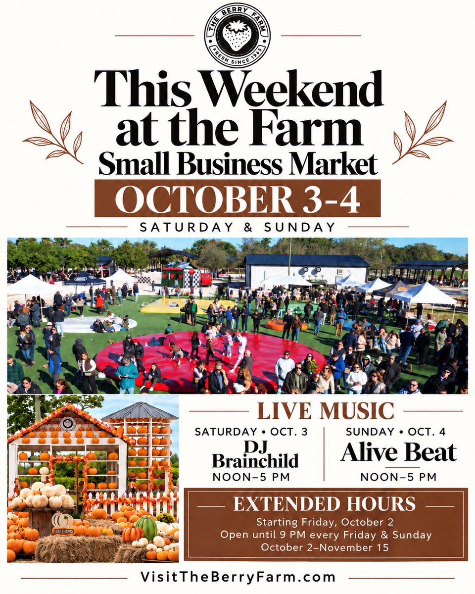 TheFieldsByTBF's tweet photo. This weekend at The Berry Farm ๐๐
Small Business Market + live music Sat. & Sun., Harvest Festival fun, Chicken Barn, Pizza Barn, Dirty Sodas, Apple Cider & more.
Open until 9 PM Fridays & Sundays in Oct. & Nov.
Tickets: https://t.co/zVzUYhKR8l
#TheBerryFarm #HarvestFestival https://t.co/sB3ho8rYED