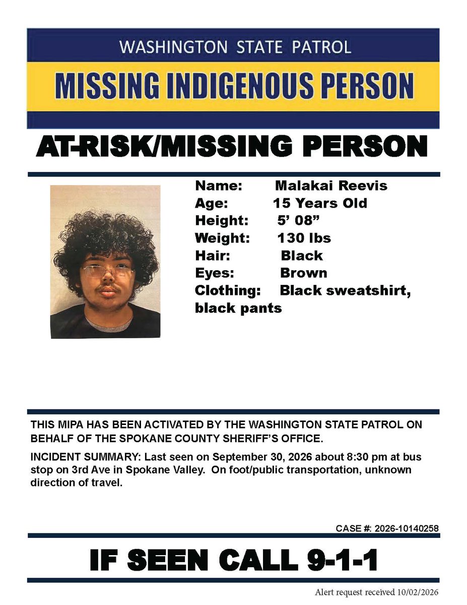 WSPMissingPers1's tweet photo. Missing Indigenous Person Alert (MIPA) Reevis - Spokane Valley, WA - ACTIVATE https://t.co/uTKMQwfY5P