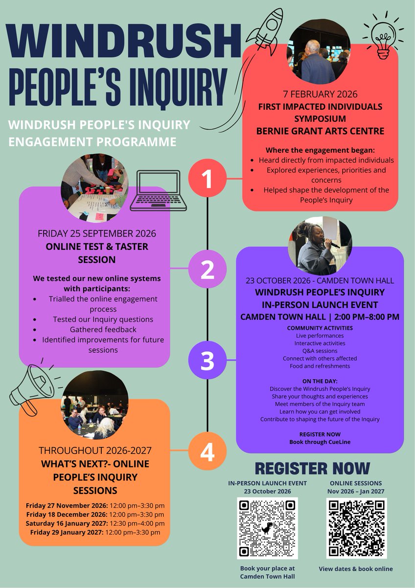 WindrushJC's tweet photo. The Windrush People’s Inquiry: the journey so far.

From our first symposium in February to our online taster session in September, each stage has helped shape what comes next.

Next stop: 23 October at Camden Town Hall.
#WindrushPeoplesInquiry https://t.co/pNSgP8vr6E