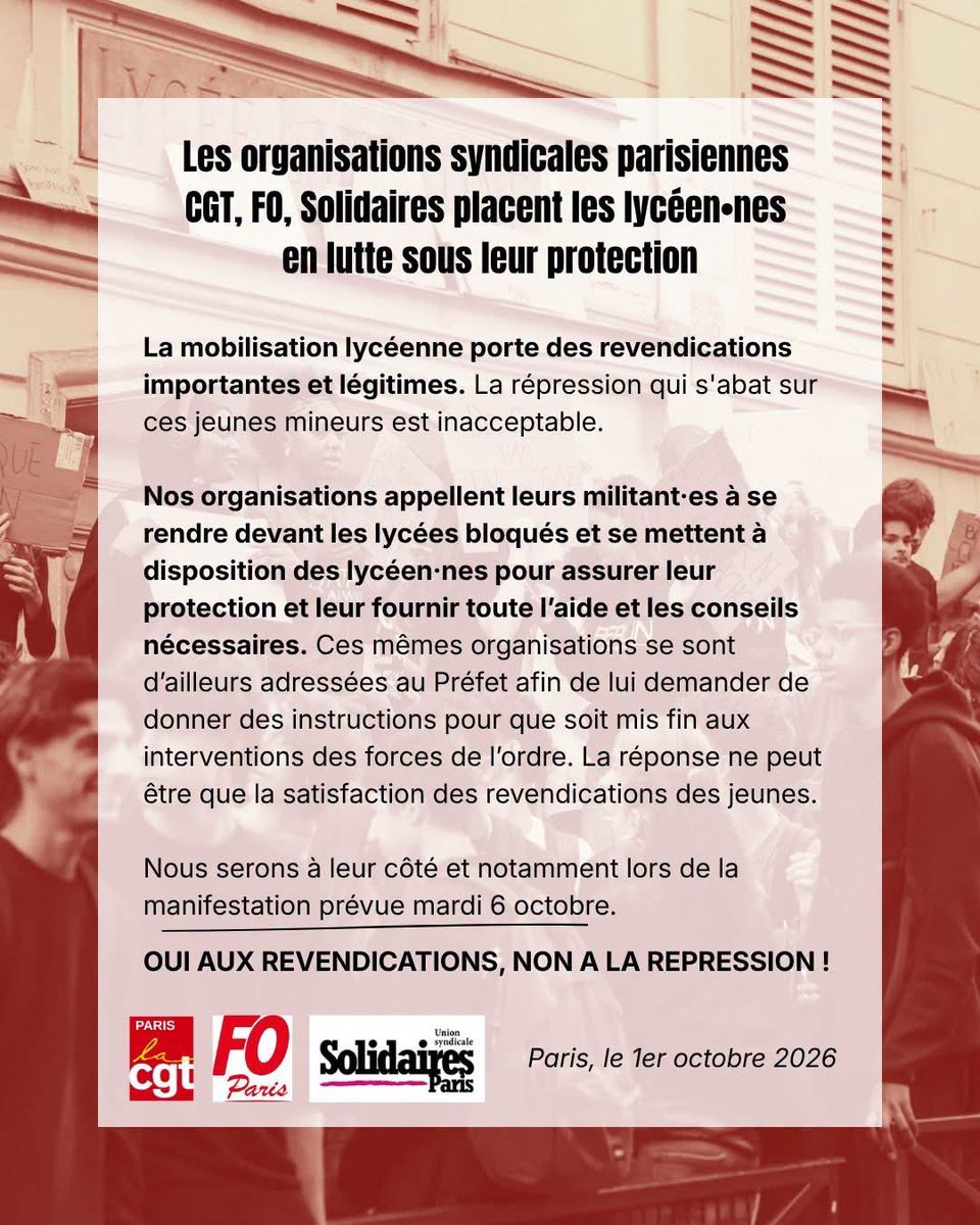 SolidairesParis's tweet photo. L'intersyndicale des unions départementales parisiennes CGT - FO - Solidaires soutiennent la lutte des lycéen•nes et appellent leurs militant•es à aller les protéger ! https://t.co/hmDModW8c0