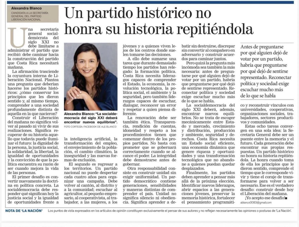 AleBlanco0083's tweet photo. Buenos días. 

Quiero compartirles este artículo que hoy me ha publicado https://t.co/BKoNusARVL y que recoge mucho de lo que hemos venido conversando y construyendo juntos durante estas semanas.

Tenemos un gran reto por delante: volver a los territorios, escuchar más, abrir espacios, sumar nuevas generaciones y recuperar la confianza de quienes se han alejado.

Nada de eso lo puede hacer una sola persona. Transformar a Liberación Nacional requiere equipo, compromiso y muchas manos dispuestas a trabajar.

Tenemos una historia que nos inspira, pero sobre todo tenemos la responsabilidad de construir juntos lo que viene.

Construyamos desde hoy el Liberación del mañana!