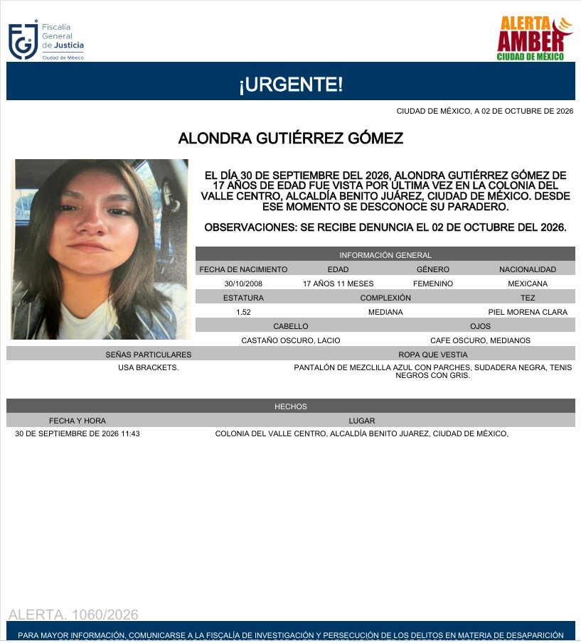 AAmberCDMX's tweet photo. Se activa #AlertaAmber para localizar a Alondra Gutiérrez Gómez, de 17 años, vista por última vez el pasado 30 de septiembre, en la colonia Valle Centro, alcaldía Benito Juárez. https://t.co/2uopxzy8FE