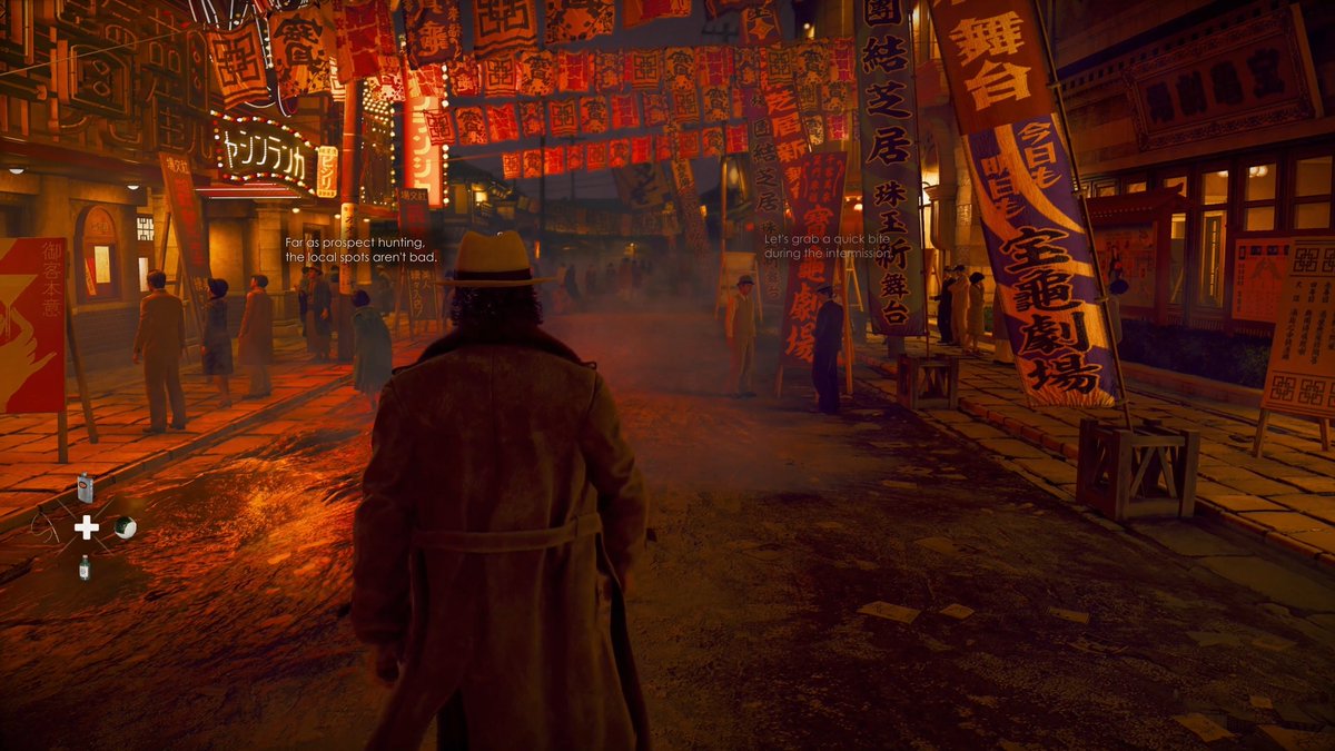 A video game scene showing a character in a fedora and trench coat from behind, standing on a neon-lit street with Japanese and Chinese signage, with dialogue text reading 'For as prospect hunting, the local spots aren't bad' and 'Let's grab a quick bite during the intermission.'