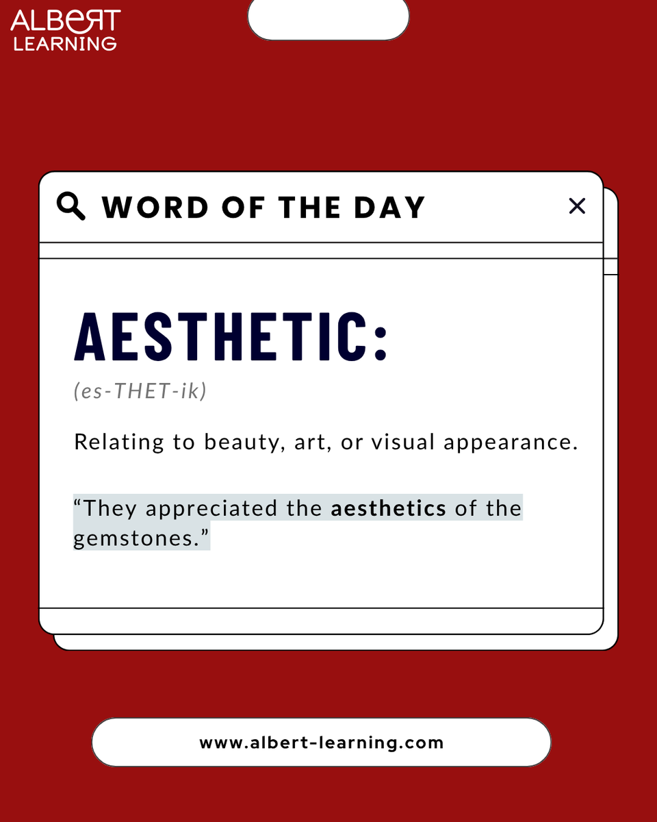 Albert_Learning's tweet photo. Words can make a difference and “aesthetic” is one you’ll want to add to your vocabulary! ✨

Learn a new word, understand how to use it, and make your English more expressive. 📚💬

What’s your favourite English word? Tell us in the comments! 👇

#WordOfTheDay #LearnEnglish https://t.co/hbAjTvkDcY